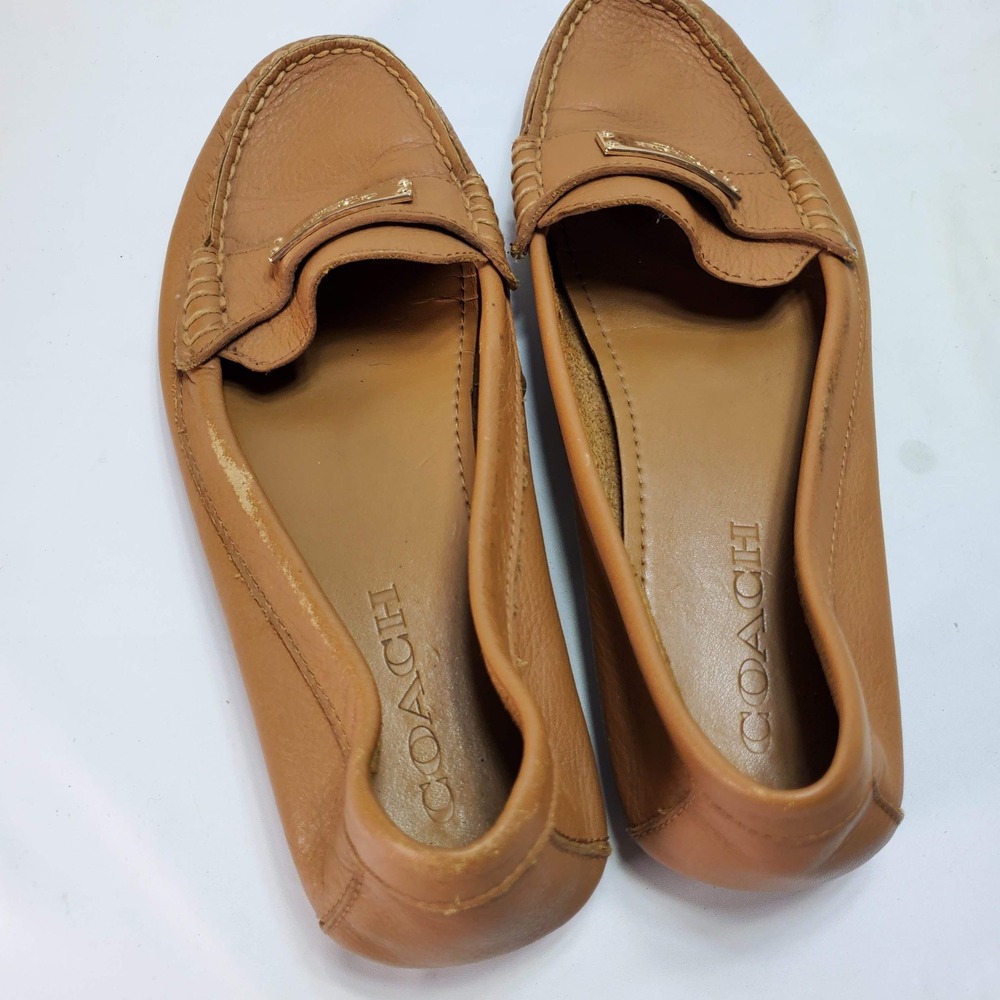 Coach Fredrica Loafers‎ Women 7.5B Tan Leather Gold Logo Driving Moccasins A5175 - Picture 6 of 8